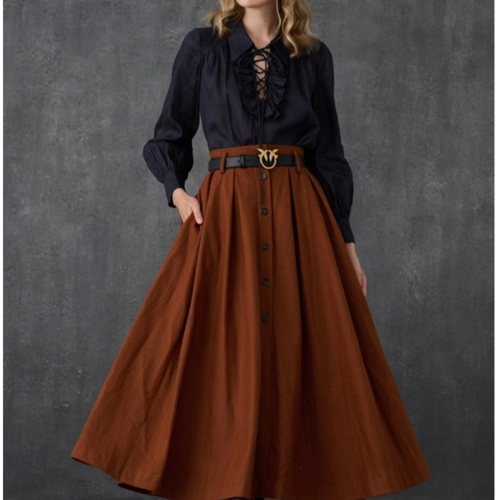 High-Waist Button-Front Maxi Skirt in Rich Brown